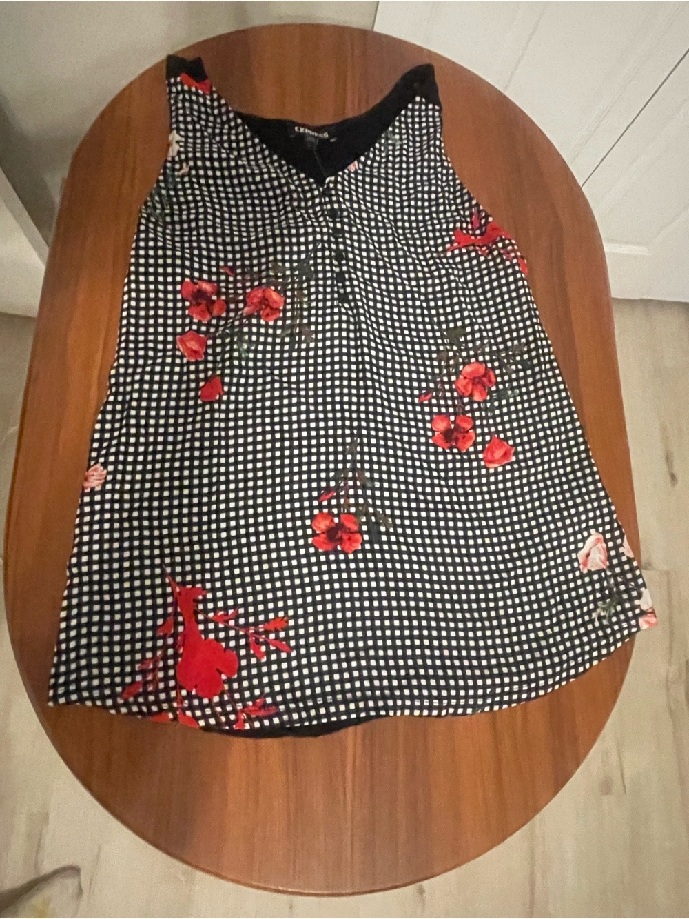 Express Black & White Checked Tank Top with Red Floral Print - Picture 1 of 1